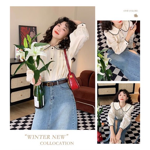 Áo Sơ Mi Cổ Búp Bê Dáng Rộng Màu Sắc Tương Phản Thời Trang Mùa Thu Cho Nữ