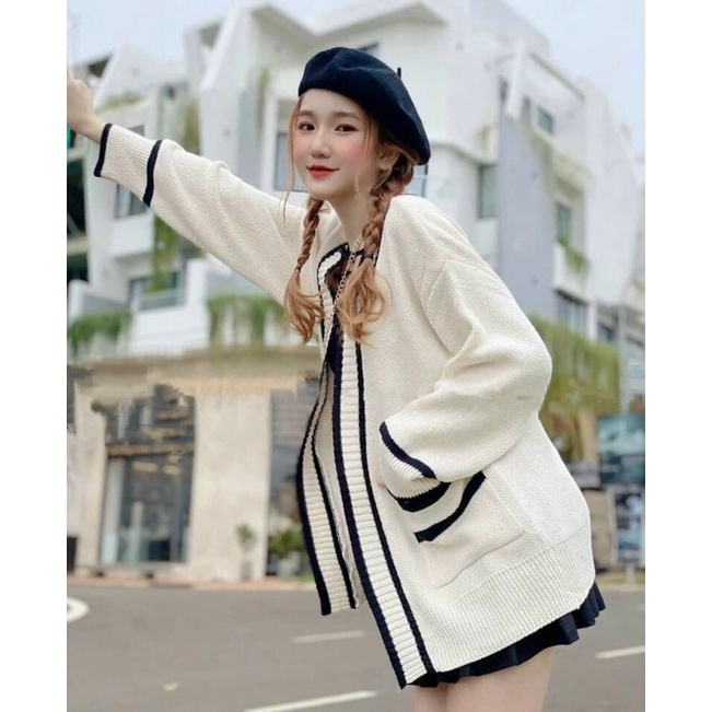 Áo khoác cardigan nữ, cardigan nữ chất len dày dặn viền màu có túi ảnh thật shop chụp