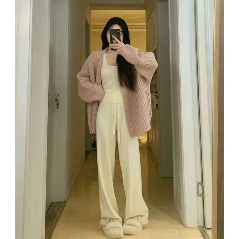 Jiashucheng Áo Khoác Cardigan Dệt Kim Dáng Rộng Mềm Mại Màu Hồng Sáp Phong Cách Preppy Ngọt Ngào Mùa Thu Đông Cho Nữ Sinh