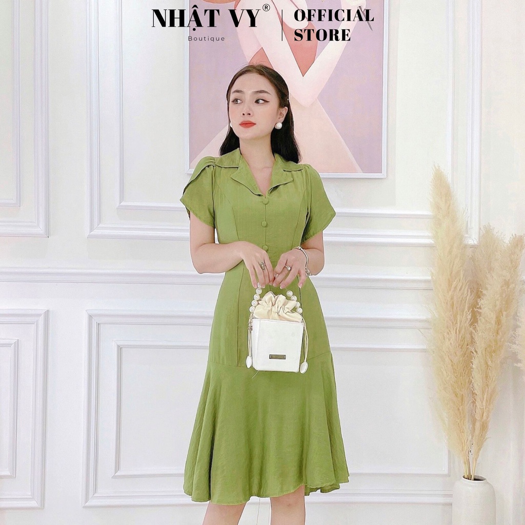 Váy Đi Chơi NHẬT VY Cổ Vest Tay Ngắn Đắp Chéo Nút Bọc Phối Đuôi Cá Màu Xanh, Đen, Tím - D2405