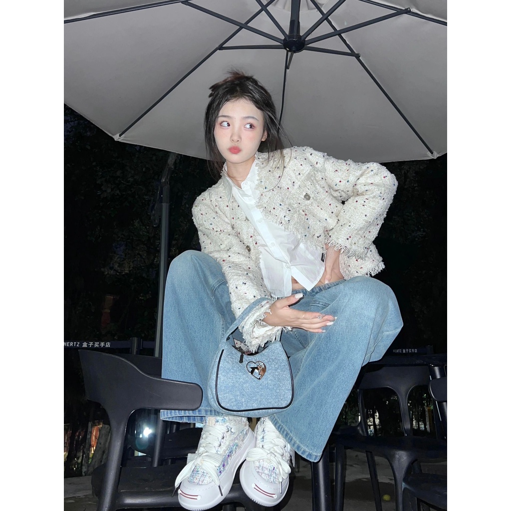 Sẵn L-XL(Hàng Đẹp CC)Ảnh thật 5 hình cuối-HC955.Áo Tweed dáng ngắn muối tiêu thu đông sang chảnh kiểu Pháp