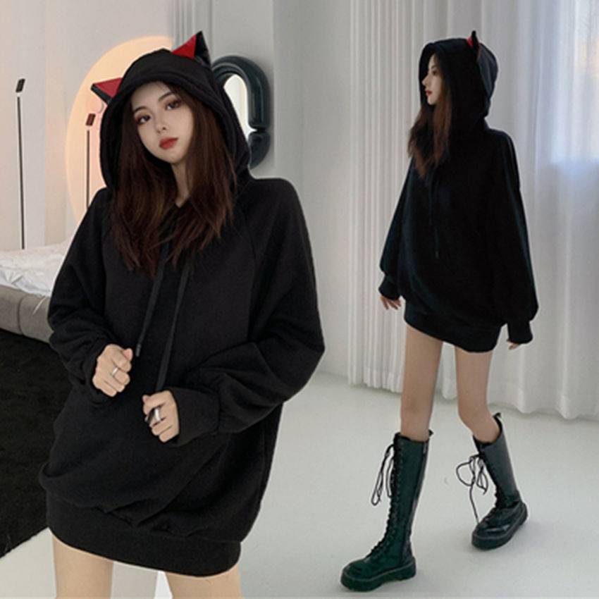Áo Hoodie Tai Mèo Dáng Dài Chất Vải Dày Thời Trang Thu Đông Ấm Áp Cho Nữ