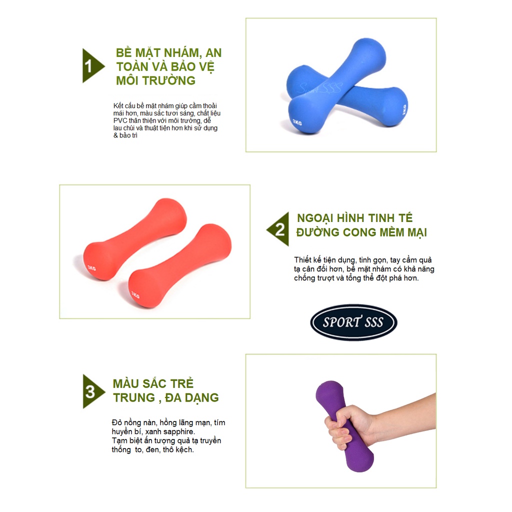 Tạ tay - Dumbbell 1kg - 2kg - 3kg Bọc cao su nhám - Nam , Nữ - thể lực - GYM - Yoga - Boxing cao cấp.