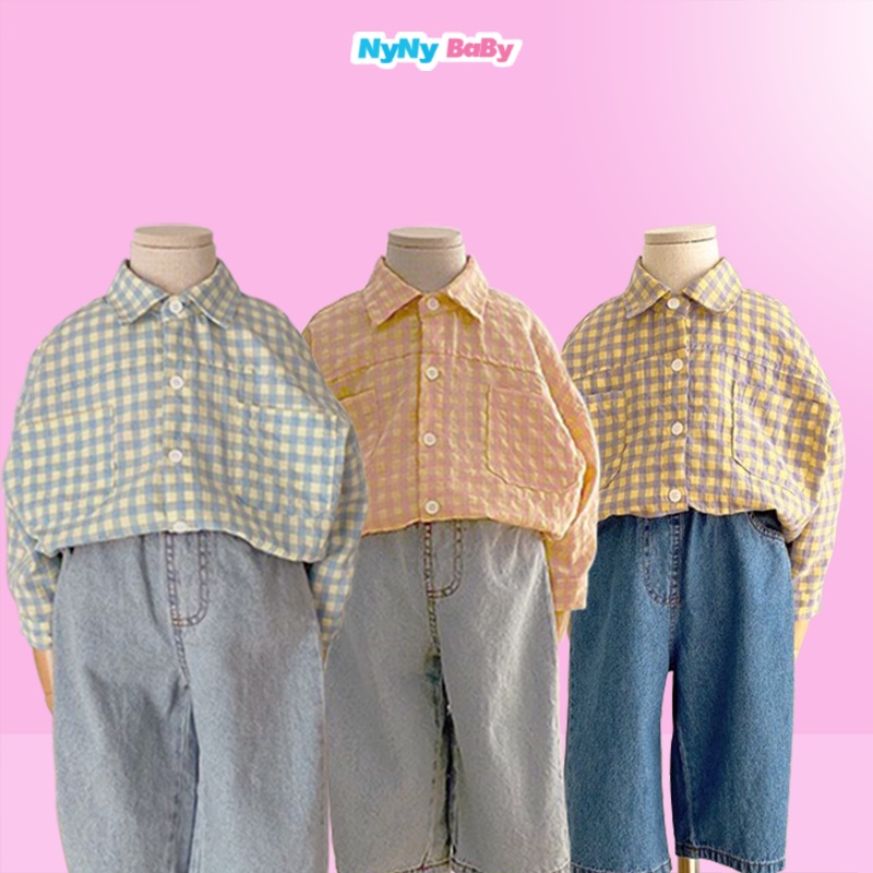 Áo Sơ Mi Form Rộng Cho Bé Trai Bé Gái Dáng Thụng Vải Cotton Thô Mềm Họa Tiết Kẻ Caro Nyny Baby Từ 1-7 Tuổi ( 8 - 25KG )