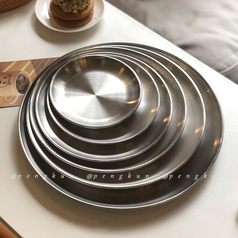 Khay Tròn Bằng Thép Không Gỉ Bề Mặt Nhám Đựng Bánh Cà Phê Phong Cách Hàn Quốc