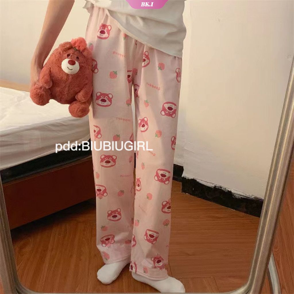 DISNEY Quần Ngủ Lưng Thun Ống Rộng In Họa Tiết Hoạt Hình Gấu / Dâu Tây Dễ Thương Thời Trang Mùa Đông Cho Nữ