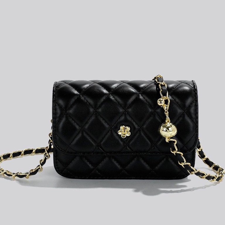 Túi Xách Đeo Chéo Hình Vuông Cỡ Nhỏ Màu Đen / Vàng Phối Dây Đeo Sợi Xích Thời Trang Hàn Quốc Cao Cấp Cho Nữ