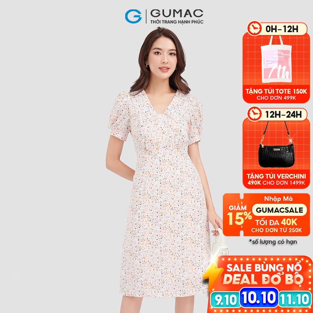 Đầm hoa nhí GUMAC cổ V phối viền đăng ten DC09087