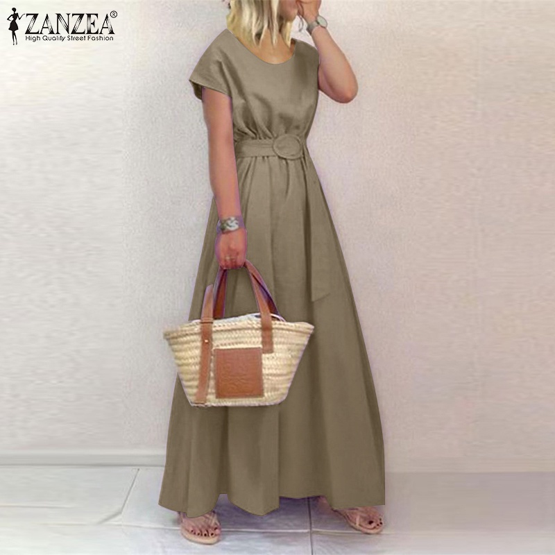 Đầm nữ Zanzea tay ngắn cổ tròn phối thắt lưng phong cách Châu Âu thời trang