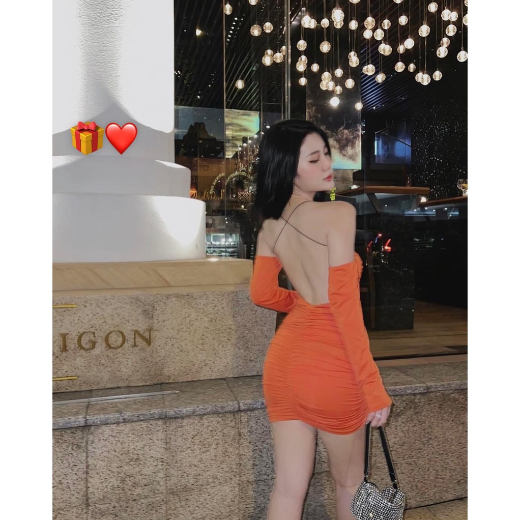 Đầm yếm tay dài đứt hở lưng chéo dây ôm body nhúm nhúm dáng ngắn  sexy , chất thun gân dày dặn