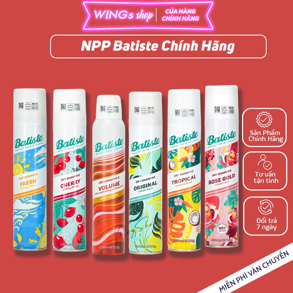 Dầu Gội Khô Batiste Dry Shampoo Mini Size 50ml, Full 200ml Hết Ngứa, Hết Bết Dính Tóc Bồng Bềnh Bóng Mượt Tức Thì