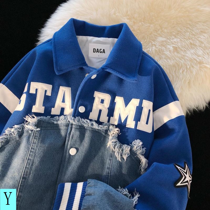 Áo Khoác Bóng Chày Cổ Bẻ Chất Liệu Denim Màu Xanh Dương Phong Cách Retro Mỹ Thời Trang Xuân Thu Cho Nam Và Nữ