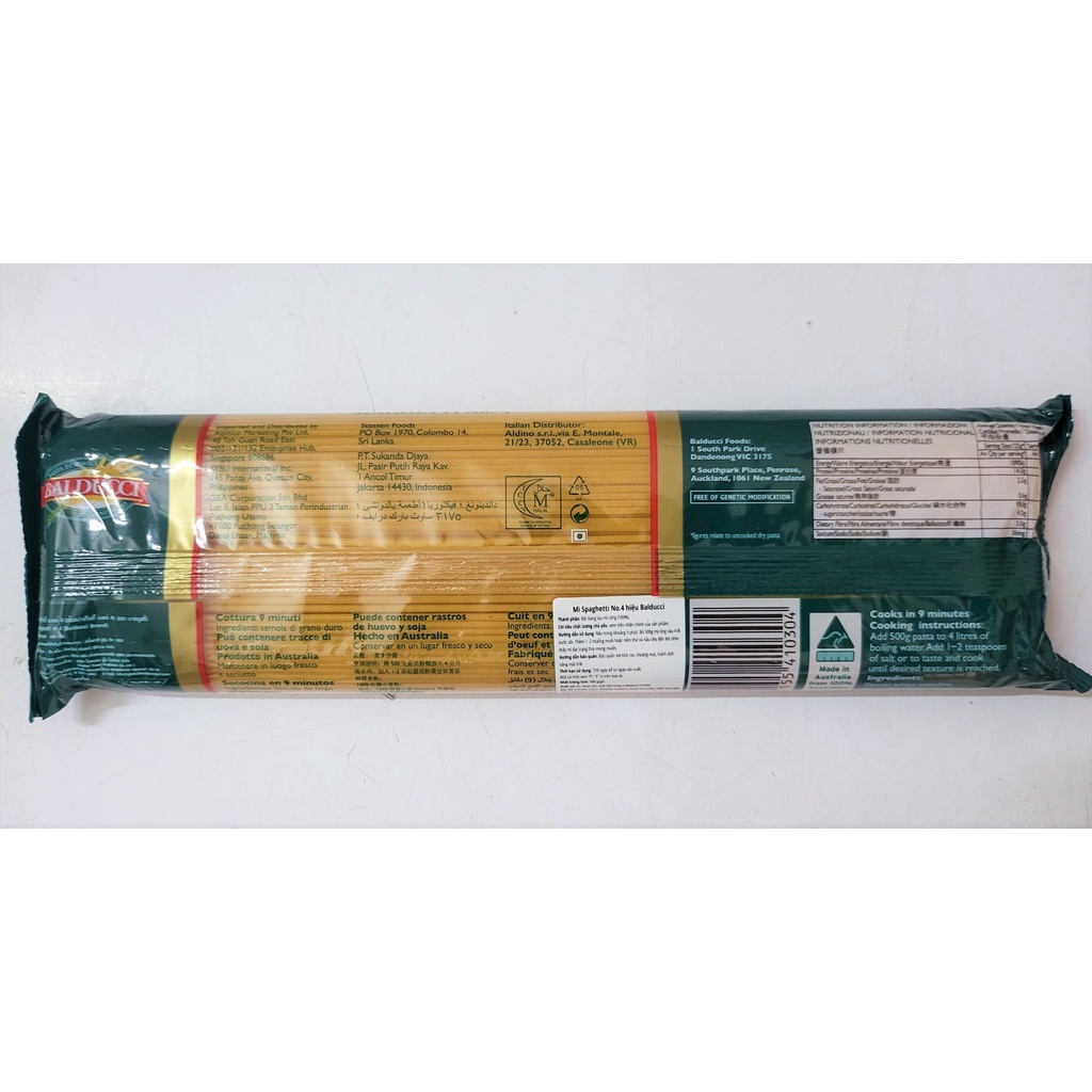 [Gói 500g – SỐ 4] MÌ Ý SỢI TRÒN [Australia] BALDUCCI No 4 Spaghetti Pasta (halal) (tmt)