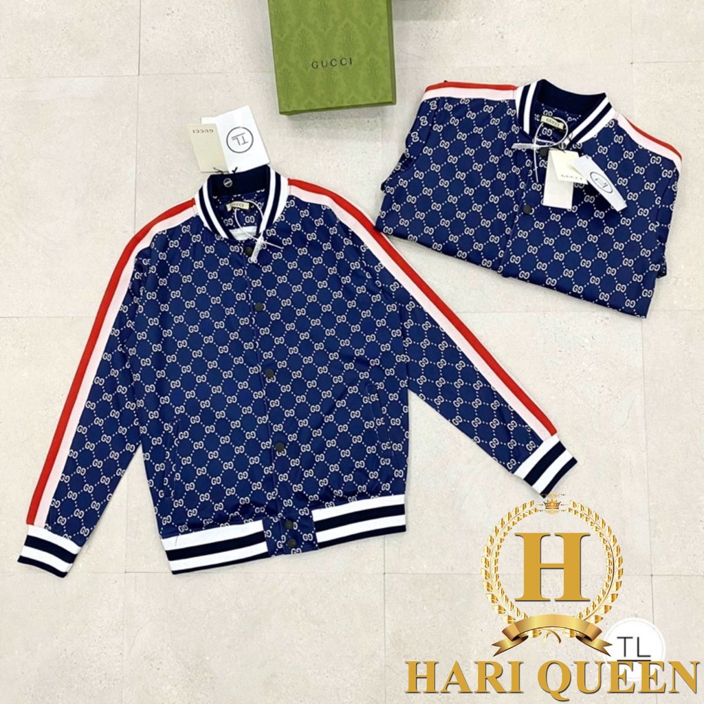 Áo khoác bomber nam nữ G G xanh in kín siêu hot 2022 HARIQUEEN