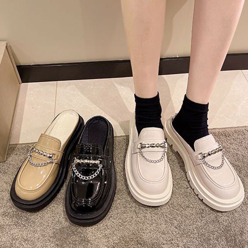 One more shoes⭐Dép đi trong nhà nửa đầu Baotou mới dành cho nữ Giày đế dày lười lười có dây xích