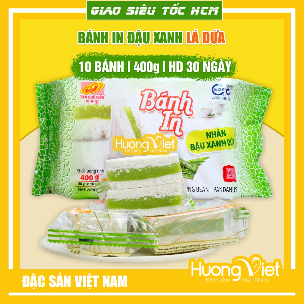 Bánh in đậu xanh lá dứa Tân Huê Viên túi 10 bánh 400g, đặc sản bánh in Sóc Trăng nhân lá dứa, đậu xanh