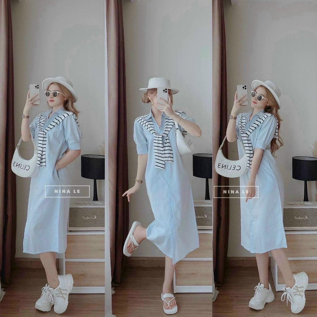 Đầm Váy Nữ Cổ Sơ Mi Chất Đũi Phối Khăn Quàng Sọc Poly Thiết Kế Sang Chảnh Đi Làm Công Sở, Dạ Hội Và Du Lịch Cực Xinh Đẹp