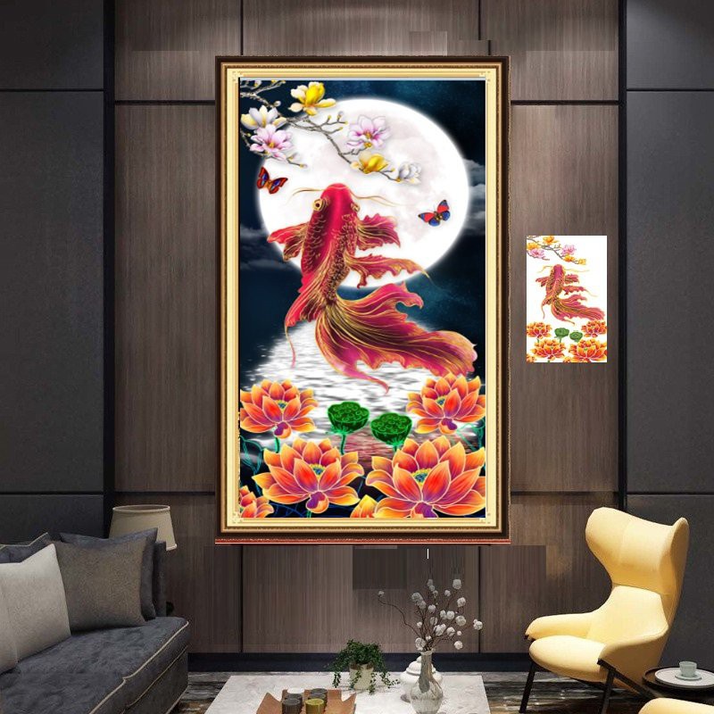 Tranh đính đá cá chép hoá rồng KT:50x90cm,tranh gắn đá chưa gắn và chưa khung