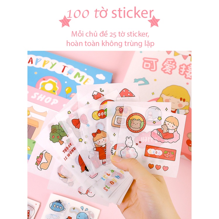 [Hàng mới về] Set Hộp Sticker 100 Tấm,hơn 1000 hình dán chống nước họa tiết hoạt hình dễ thương dùng trang trí DIY Cute.