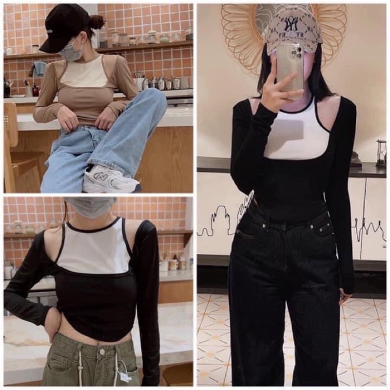 Áo Kiểu Nữ Dài Tay Vạt Bầu ,Hàn Quốc Phối Màu Hở Vãi Ôm Body Sexy