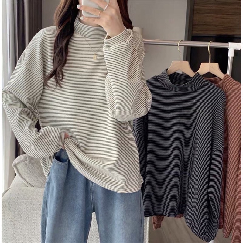 Áo nỉ kẻ ngang cổ cao tay bồng - Áo sweater nỉ cổ 3 phân kẻ ngang form rộng ulzzang