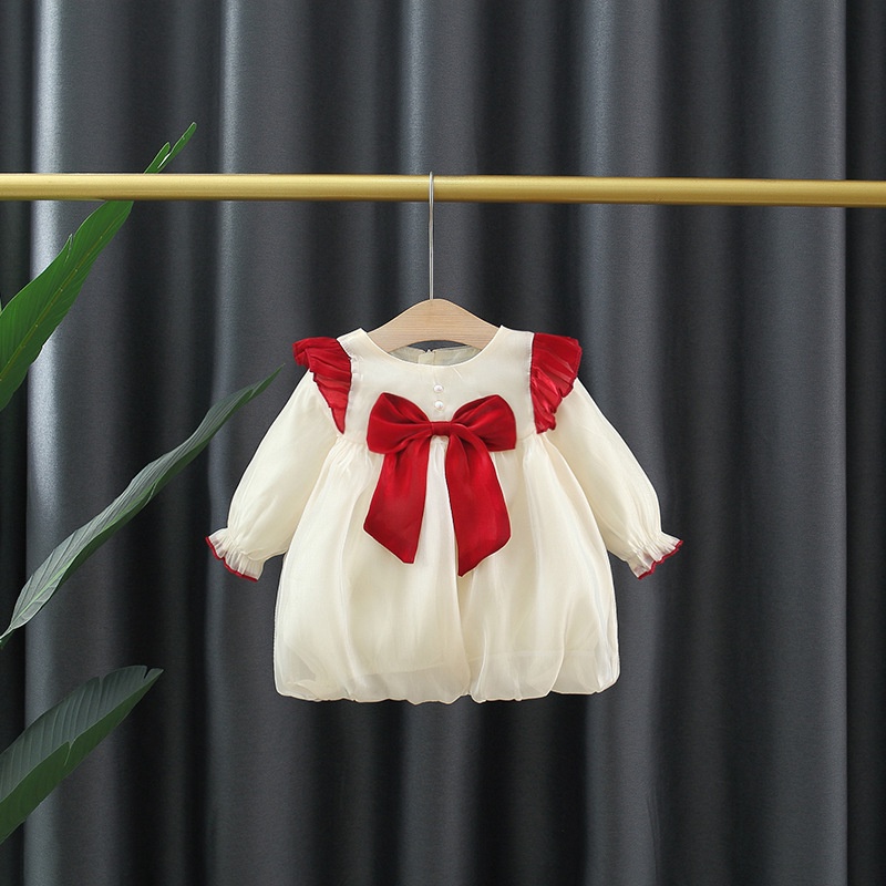 Đầm Tay Cánh Tiên Màu Trơn Đính Nơ Phong Cách Hàn Quốc Thời Trang Xuân Thu Cho Bé Gái 0-3 Tuổi