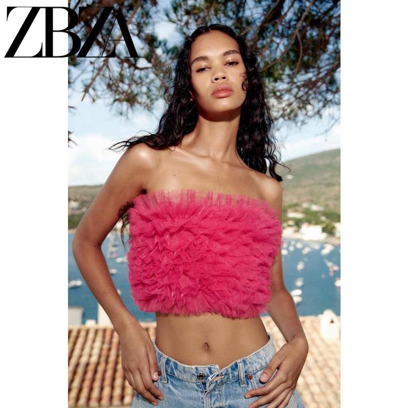 Made in Morocco - Áo Ống ZARA Dệt Kim Lụa Phối Lưới croptop AT9QXG39N10