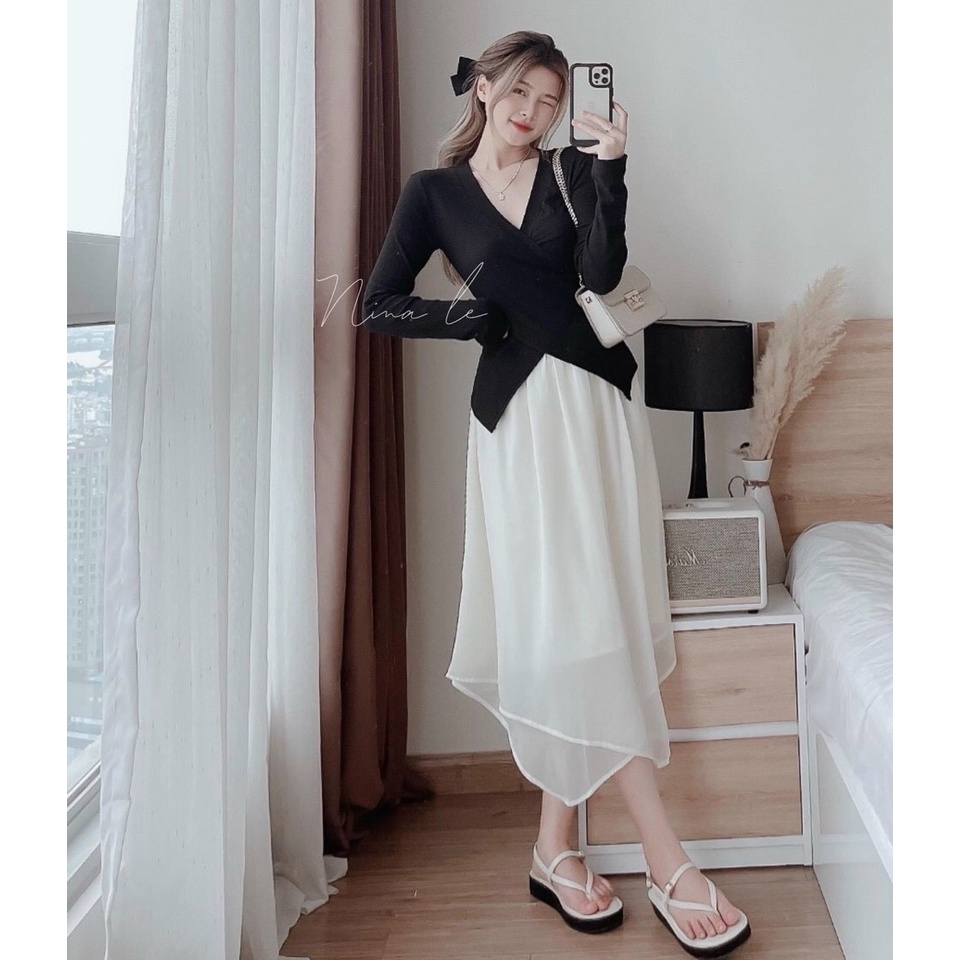 Sét Đồ Bộ Nữ Áo Chất Thun Gân Tay Dài Cổ V & Chân Váy Dài Voan Lụa  Thời Trang Kiểu Cách Đi Chơi
