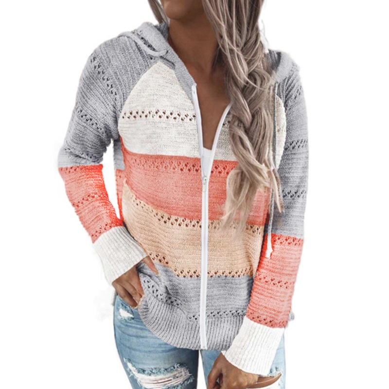 Áo Khoác Sweater Dệt Kim Tay Dài Có Dây Rút Họa Tiết Khối Màu Sắc Thời Trang Mùa Thu Cho Nữ