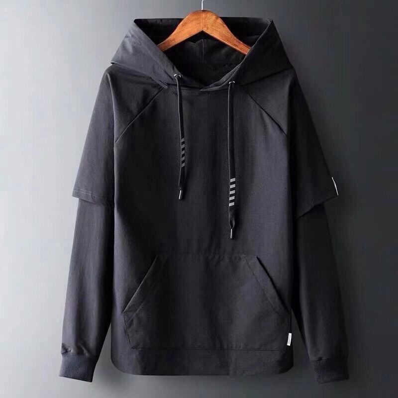 Áo Hoodie Giả Hai Lớp Tay Dài Dáng Rộng Màu Đen Phong Cách Hàn Quốc Thời Trang Mùa Thu Cho Nam Sinh