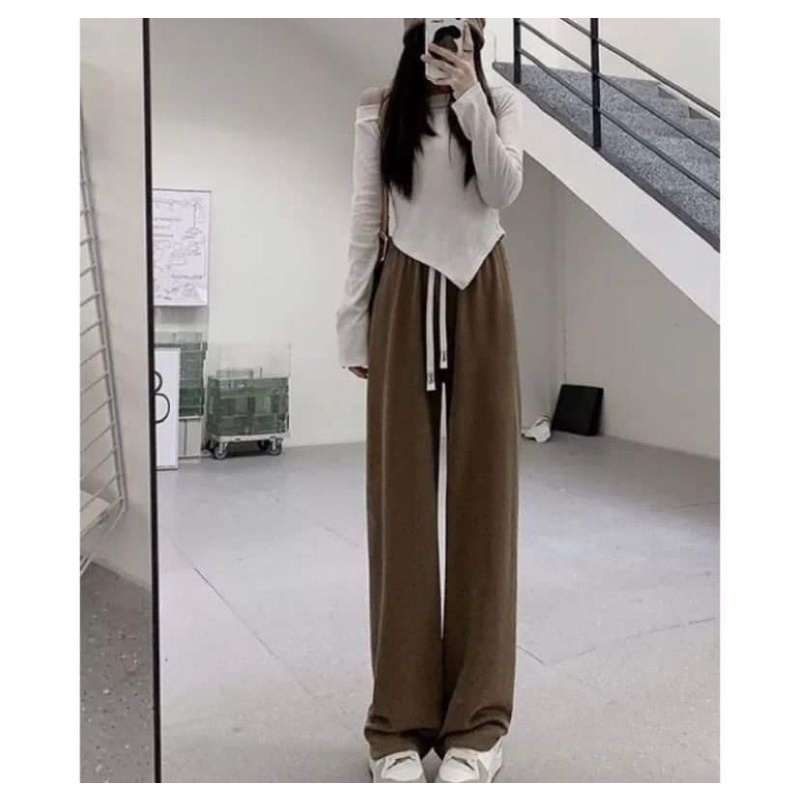 Unique1588 🍄🍄Quần dài lưng cao màu trơn phối dây rút ống rộng thời trang dành cho nữ