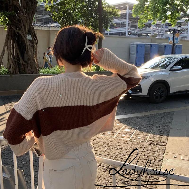 Áo Sweater Dệt Kim Tay Dài Cổ Tròn Dáng Rộng Màu Tương Phản Thời Trang Mùa Thu Cho Nữ