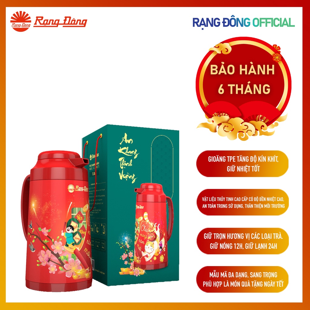 Phích tết Rạng Đông 1 lít năm 2023 Pha trà và thảo dược Giữ nhiệt nóng lạnh Ruột phích thủy tinh cao cấp RD-1040 TS