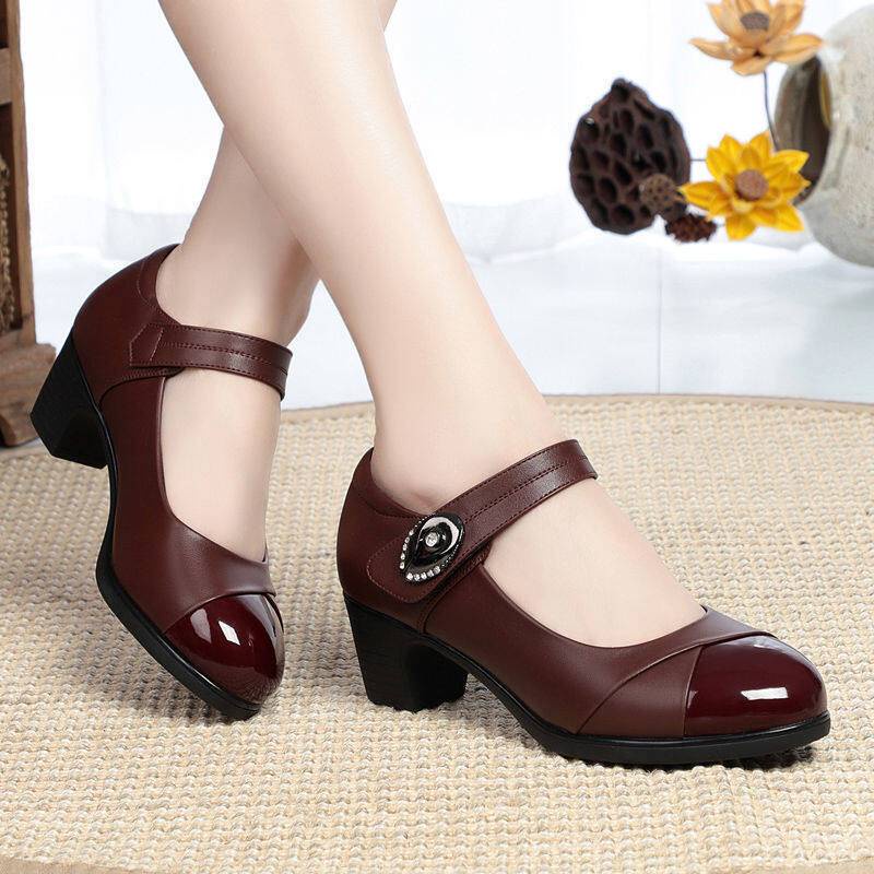 Giày Cao Gót Da Mềm Dày Màu Đen Hàn Quốc Cho Nữ Kasut Kerja Perempuan 2022 Mới