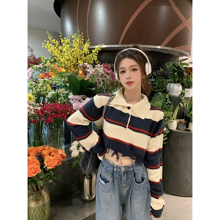 Áo sweater Tay Dài Kẻ Sọc Màu Sắc Tương Phản Phối Tua Rua Phong Cách retro Mỹ Cho Nữ