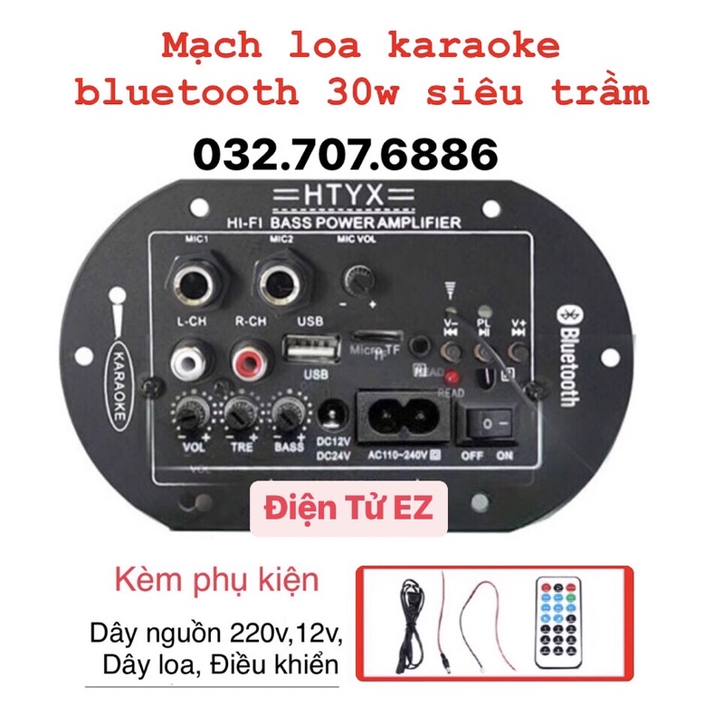 Mạch loa Bluetooth HT-1688ATY hát Karaoke điều khiển từ xa âm siêu trầm 30W, 12V/24V/220V (tặng kèm đầy đủ phụ kiện)