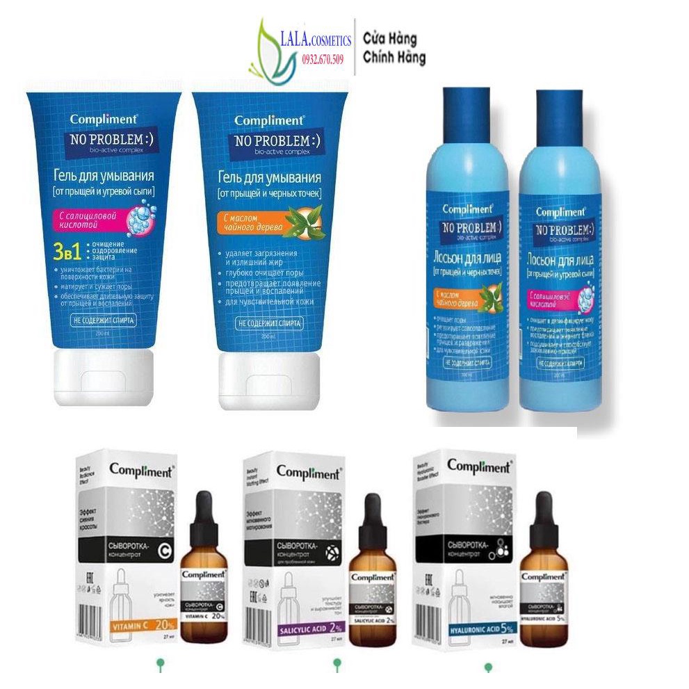 Gel rửa mặt BHA , Toner BHA & Serum Compliment làm sạch sâu, kiềm dầu, giảm mụn, mờ thâm 200ml Compliment No Problem