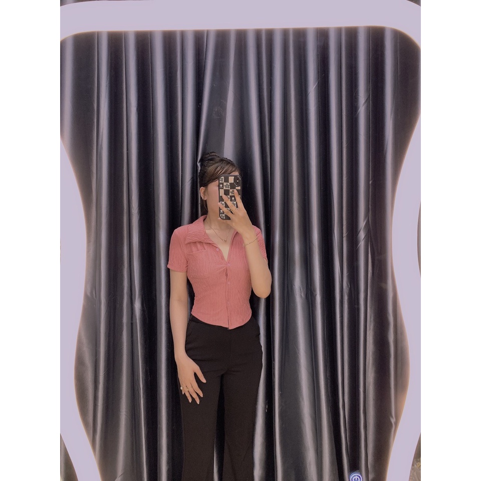 Áo xốp croptop cổ bẻ cài nút 2 túi ngực trơn cực hot , chất thun xốp dày dặn