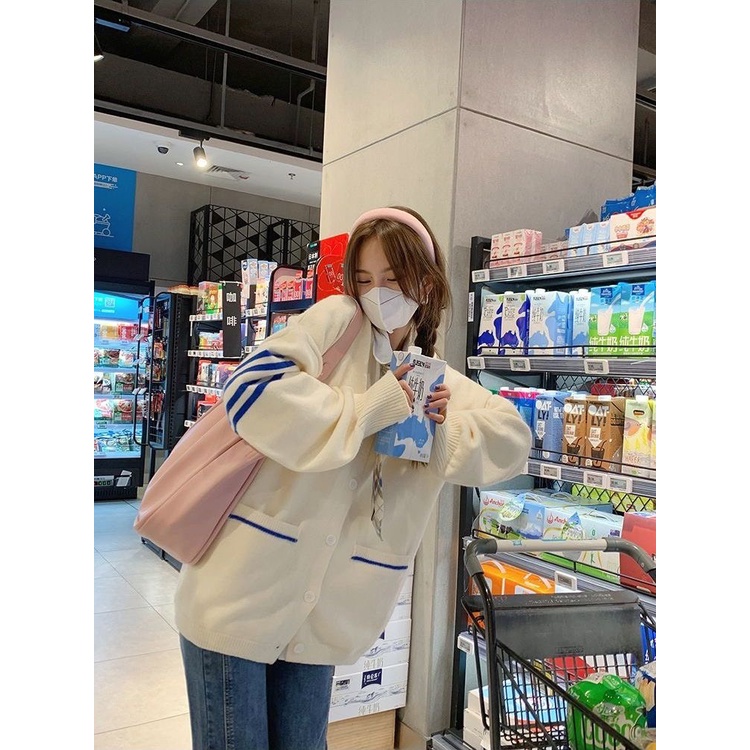 Áo Khoác Len Dệt Kim Cardigan Cổ V Dáng Rộng Viền Tay Sọc Ngang Xanh Thời Trang Nữ Thu Đông | Vui Vẻ shop