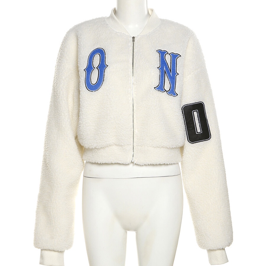 Weird Puss Áo khoác phối lông có khóa kéo in họa tiết chữ cái thời trang trẻ trung dành cho nữ