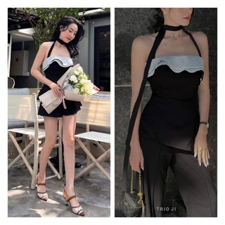 (kèm dây cổ ) Set áo bèo + quần Hot ( Áo bèo màu trắng tinh )