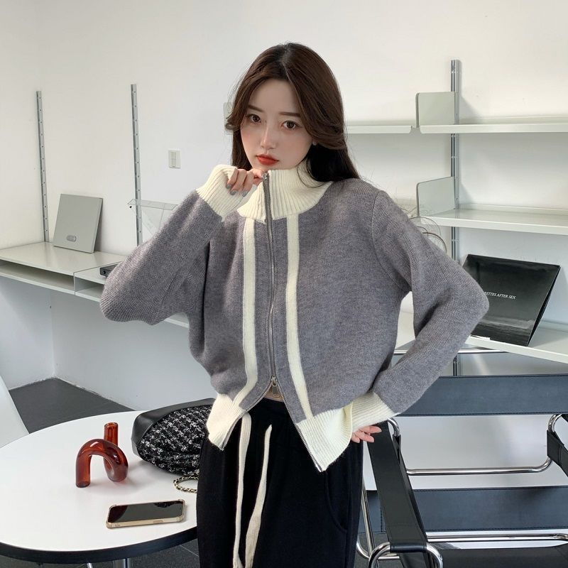 COZOK Áo Khoác cardigan Dệt Kim Tay Dài Cổ Cao Màu Sắc Tương Phản Có Khóa Kéo Thời Trang