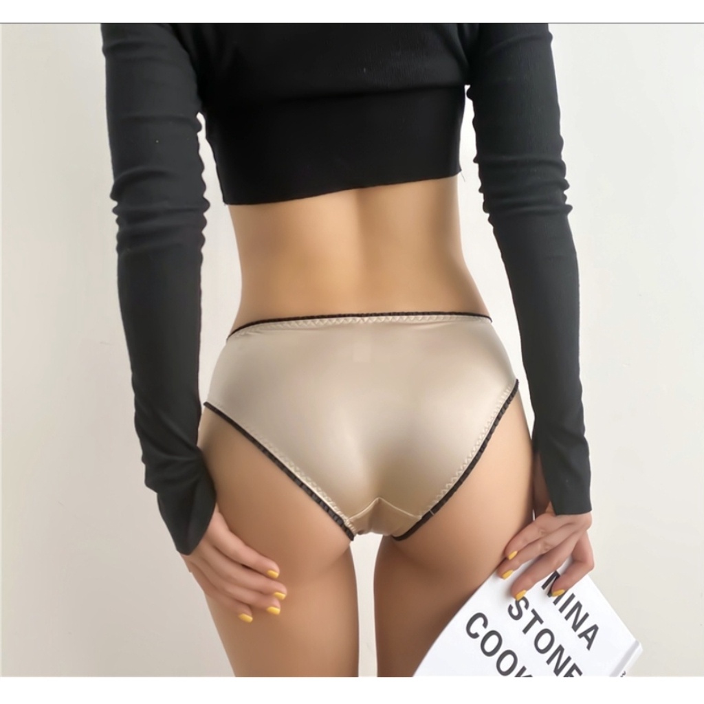 Quần lót satin lụa bóng trơn siêu mượt đính nơ gợi cảm Pink Play mã 039 size L Vòng 3 từ 90-98cm