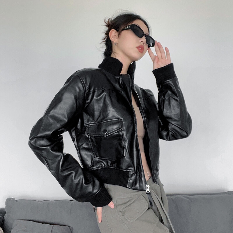 Áo khoác da Kliou tay dài dáng rộng có khóa kéo phong cách punk 2022 cá tính dành cho nữ