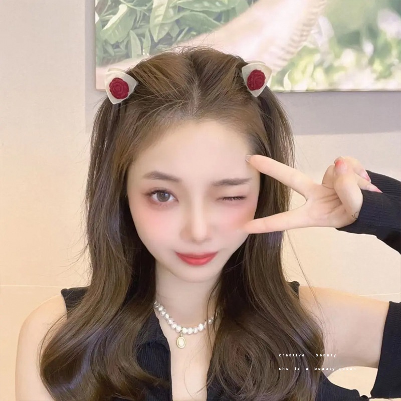 Set 2 Kẹp Tóc Hình Tai Mèo Đính Hoa Hồng Phong Cách Retro