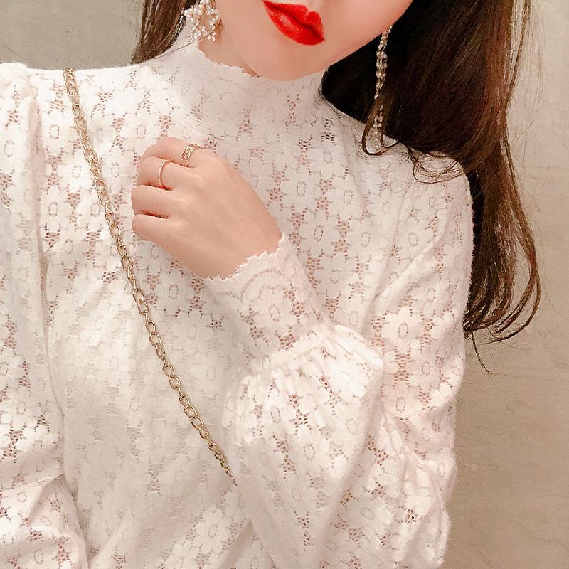 Áo Thun Trắng Tay Dài Cổ Lọ Phối Ren Thời Trang Thu Đông Phong Cách Phương Tây Mới Cho Nữ