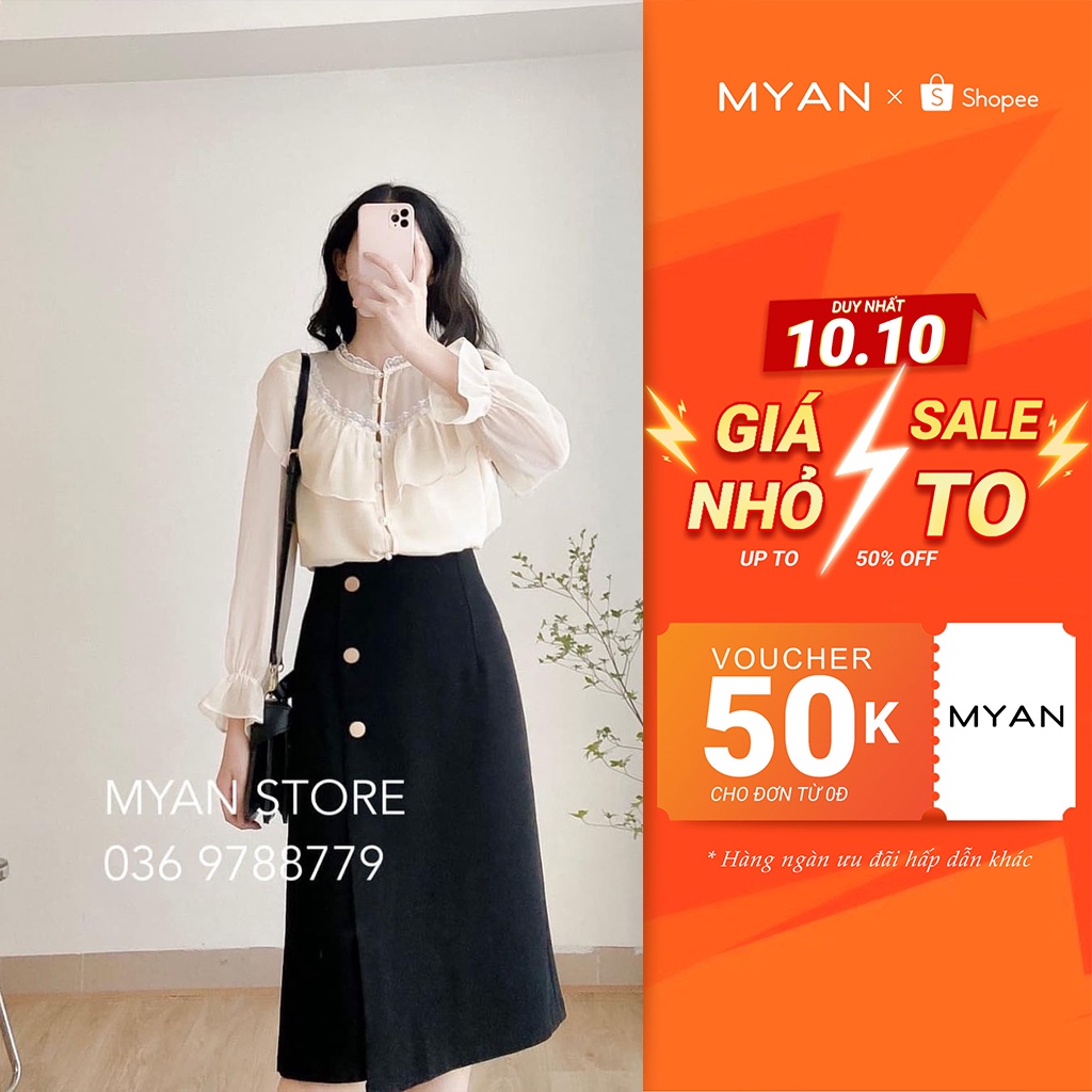 Chân Váy Midi Chữ A Đắp Tà MYAN Thiết Kê Chân Váy Phong Cách Công Sở 3 Cúc Đông (Đen, Nâu) VVN092211