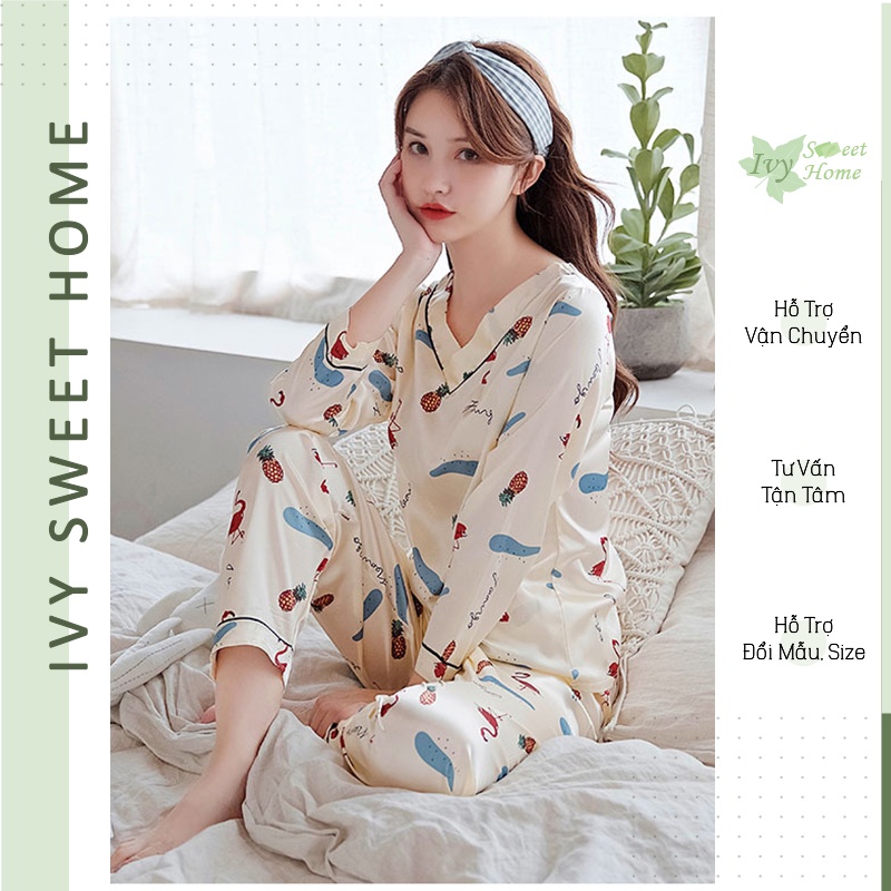 Đồ bộ ngủ nữ 🌱 Bộ Mặc Nhà Lụa Flamingo Cổ V Thoải Mái 🌱 Big Size🌱 Lụa Băng Mềm Mại - IVY067