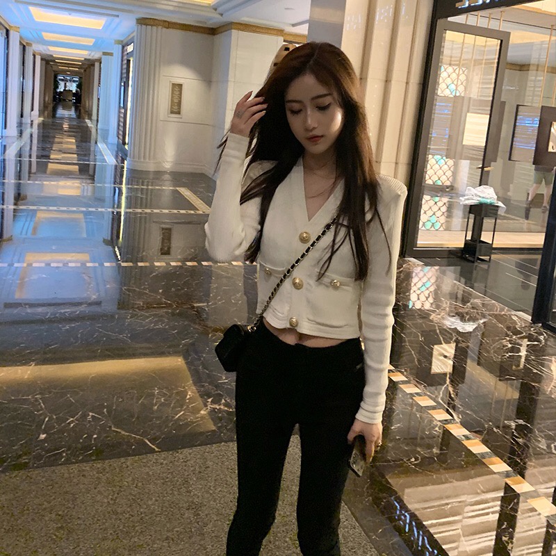 Áo khoác cardigan dệt kim ZHELIHANGFEI tay dài cổ V eo cao thời trang