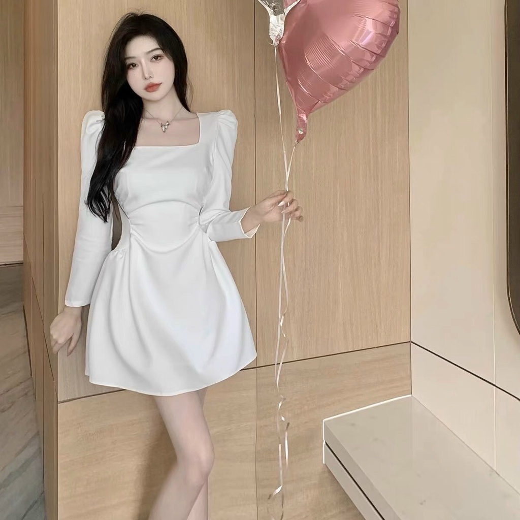 Váy Trắng Dự Tiệc Tiểu Thư Dài Tay Đầm Trắng Tay Dài Đi Tiệc Dáng Xòe Sang Chảnh Váy Tiểu Thư Trắng Cổ Vuông Đi  Cưới